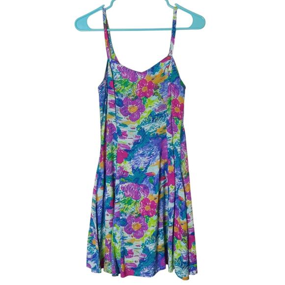 Vintage Dresses & Skirts - Vintage 90s Shok Abstract Floral Flouncy Skater Dress Small 7 Colorful Tropical